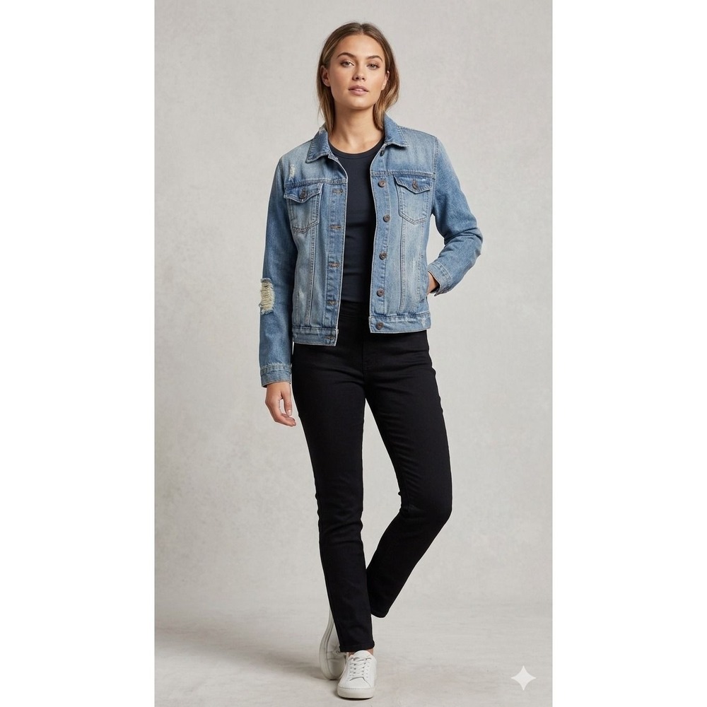Brooklyn Cloth Grunge Indie Distressed Denim Jacket Trucker Coat Womens M